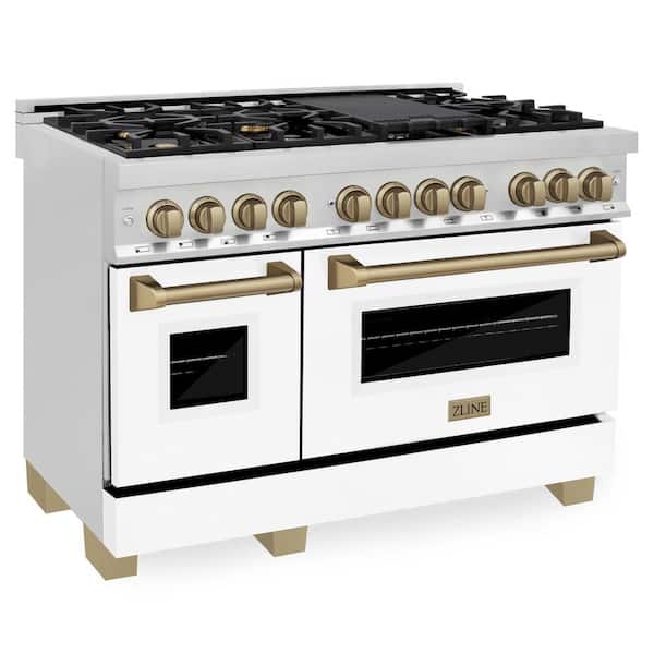 Autograph Edition 48 in. 7 Burner Double Oven Dual Fuel Range in Stainless Steel, White Matte and Champagne Bronze