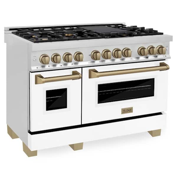 ZLINE Kitchen and Bath Autograph Edition 48 in. 7 Burner Double Oven Dual Fuel Range in Stainless Steel, White Matte and Champagne Bronze