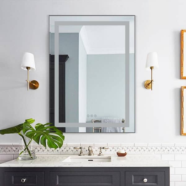 24 in. W x 32 in. H Rectangular Aluminum Framed Backlit and Front Light LED Wall Bathroom Vanity Mirror in Gun Grey