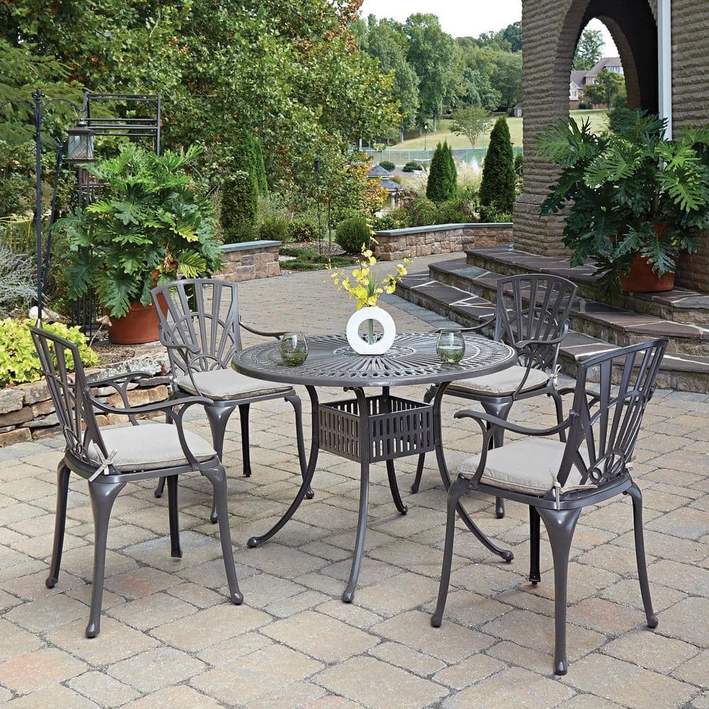 HOMESTYLES Grenada Taupe Tan 42 in. 5-Piece Cast Aluminum Round Outdoor ...