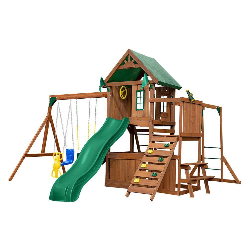 Professionally Assembled Knightsbridge Plus Wooden Outdoor Playset with Slide, Rock Wall, Swing Set, and Monkey Bars