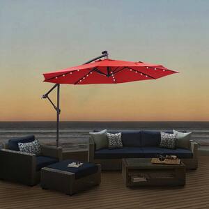 9.5 ft. Solar LED Patio Outdoor Umbrella Hanging Cantilever Umbrella Offset Umbrella in Red with 32 LED Lights