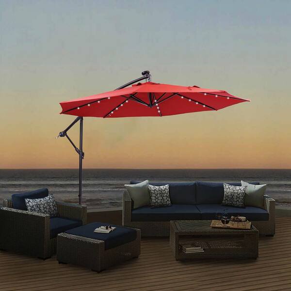 AUTMOON 9.5 ft. Solar LED Patio Outdoor Umbrella Hanging Cantilever Umbrella Offset Umbrella in Red with 32 LED Lights