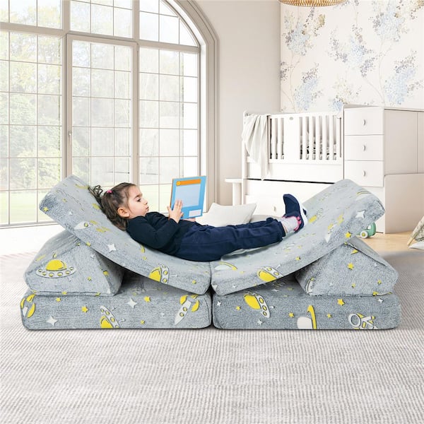 Grey Velvet and Sponge Convertible Kids Sofa (6-Pieces)