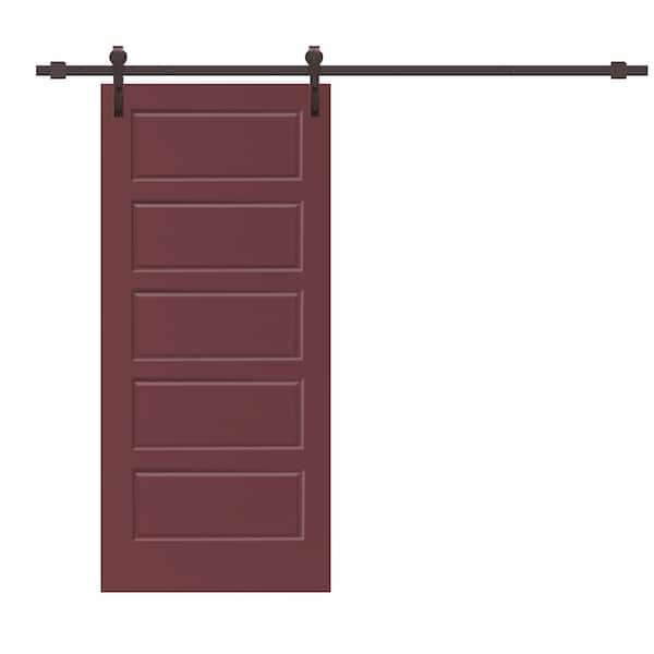 CALHOME 30 in. x 80 in. Maroon Stained Composite MDF 5 Panel Interior Sliding Barn Door with Hardware Kit
