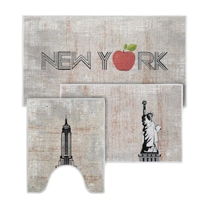 The US States New York Design Solid Background Cotton Non-Slip Washable Thin 3-Piece Bathroom Rugs Sets
