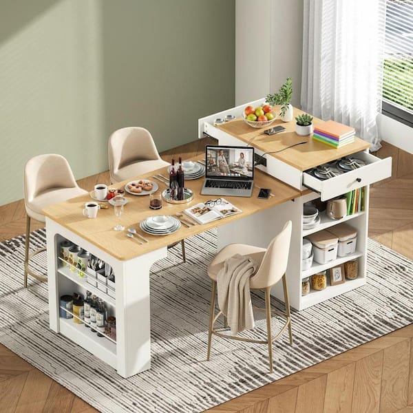 Runesay Modern White Wood 59.5 in. Power Outlet Kitchen Island
