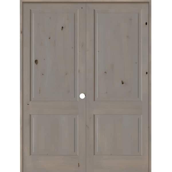 72 in. x 96 in. Rustic Knotty Alder 2-Panel Square Top Left-Handed Grey Stain Wood Double Prehung Interior Door