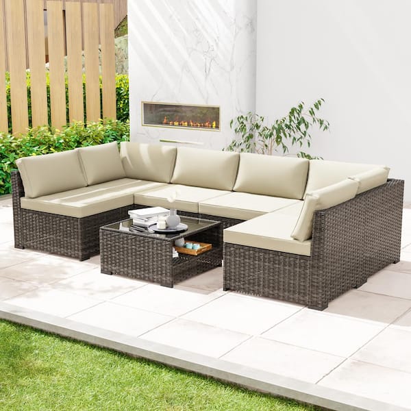 7-Piece Outdoor Wicker Patio Sectional Sofa Conversation Set with Beige Cushions