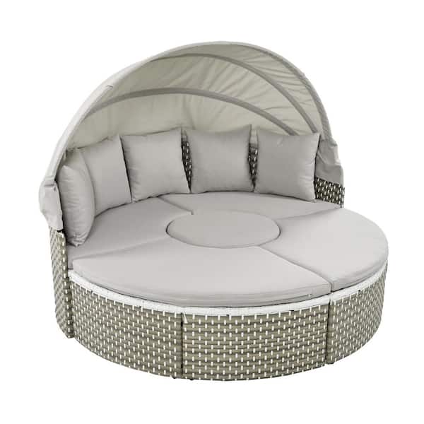 Sudzendf Natural Wicker Patio Outdoor Rattan Day Bed with Gray Cushions, Retractable Canopy and Separate Seating