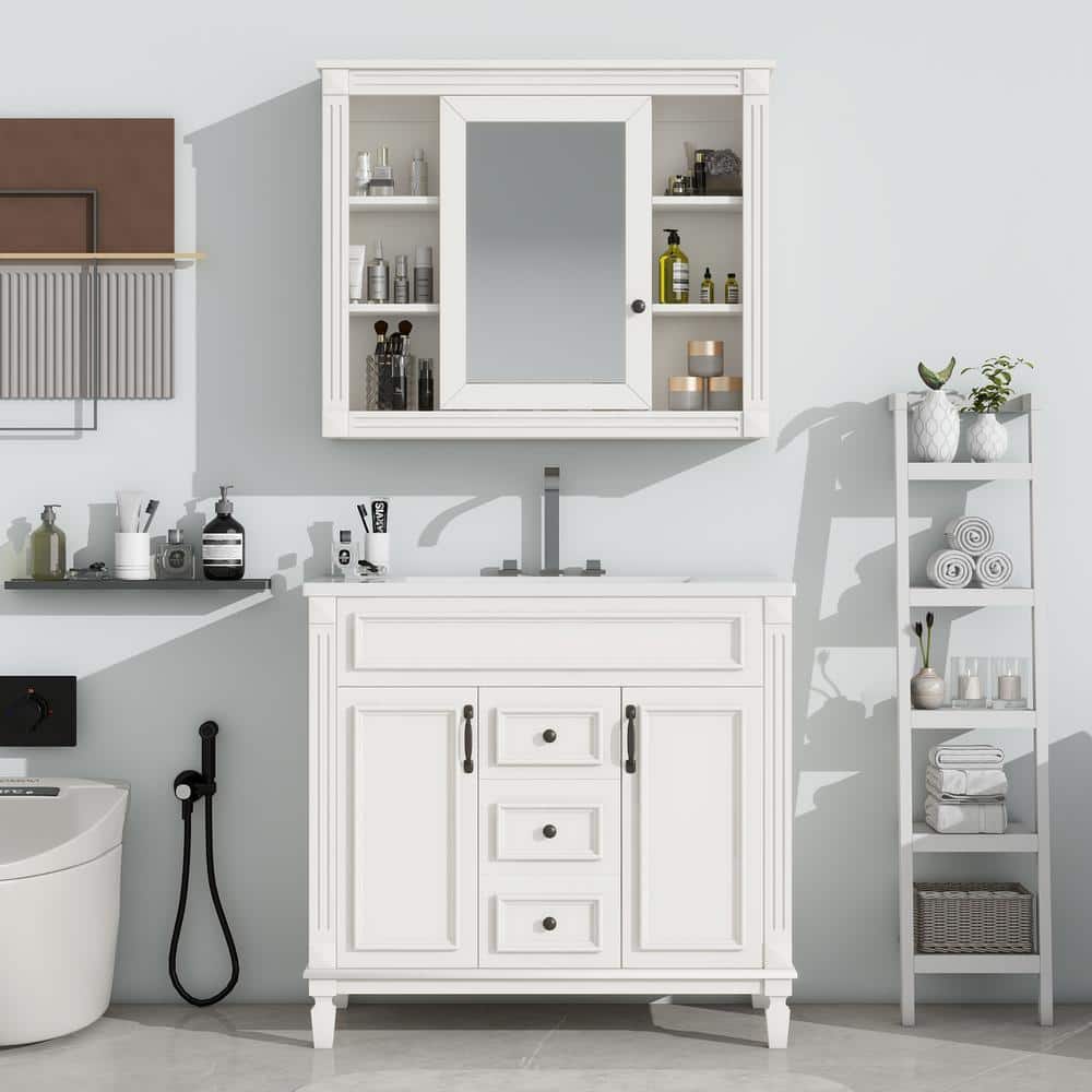 36 in. W x 18 in. D x 34 in. H Single Sink Freestanding Bath Vanity in White with White Ceramic Top and Mirror price history on PriceWatchPro