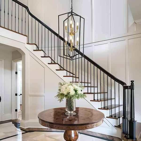 Traditional 8-Light Black Chandelier, Farmhouse Brass Caged Hanging Light, Tiered Kitchen Island Pendant Light for Foyer