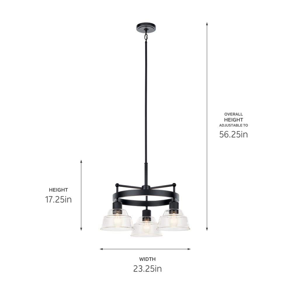 Eastmont Vintage Industrial 3-Light Black Chandelier with Clear Glass Shades