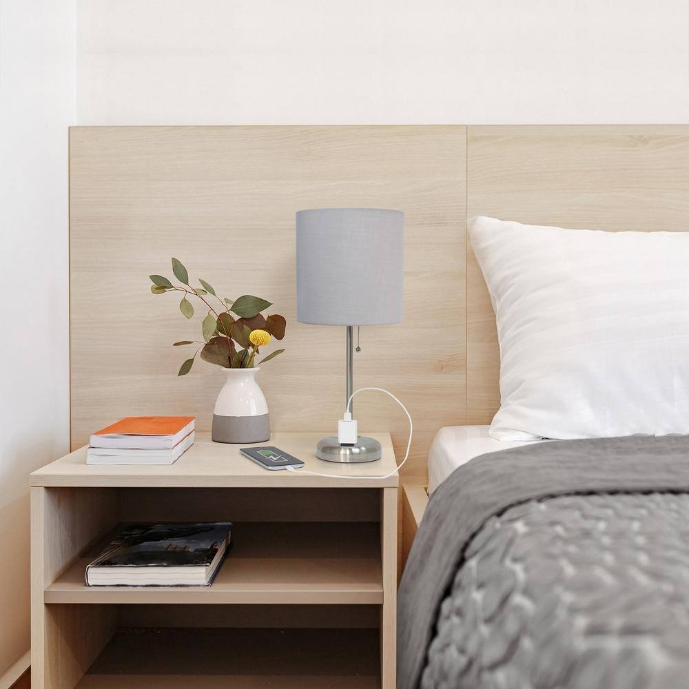 Oslo 19.5" Gray Metal Table Lamp with Fabric Shade and USB Port