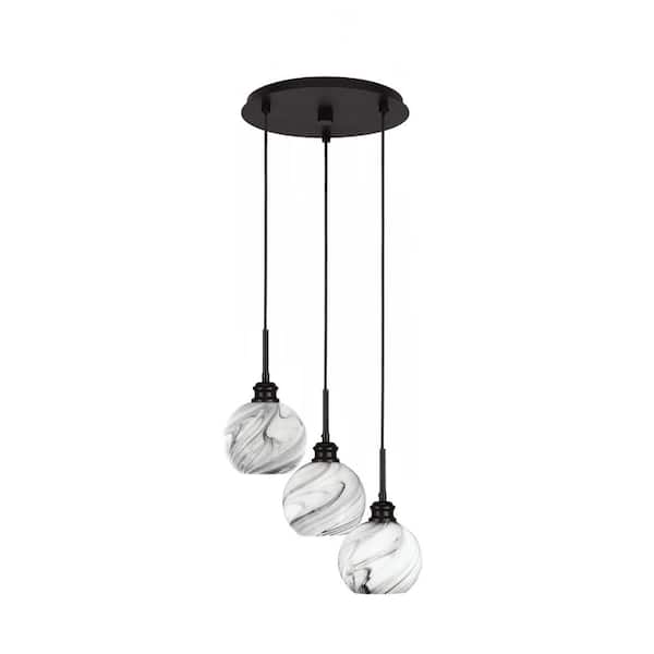 Unbranded Albany 60-Watt 13 in. 3-Light Espresso Cord Pendant Light Onyx Swirl Glass Shade