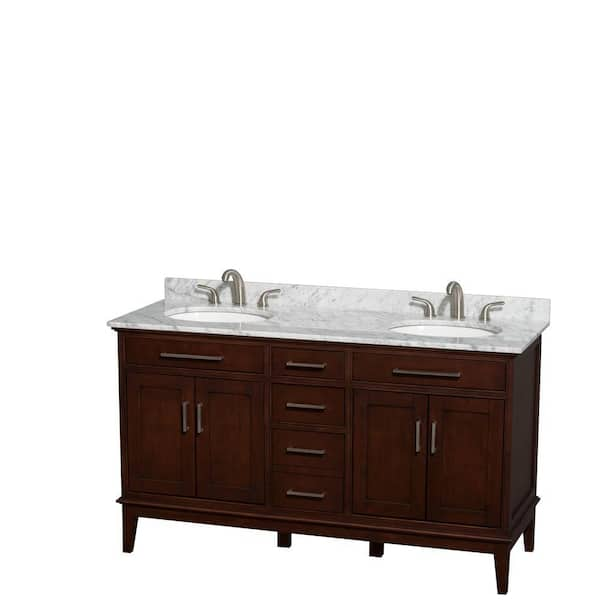 Wyndham Collection Hatton 60 in. Double Vanity in Dark Chestnut with Marble Vanity Top in Carrara White and Oval Sinks