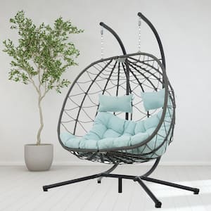 2 Person 510 lbs. Gray Large Wicker Double Swing Egg Chair with Stand and Light Blue Cushions