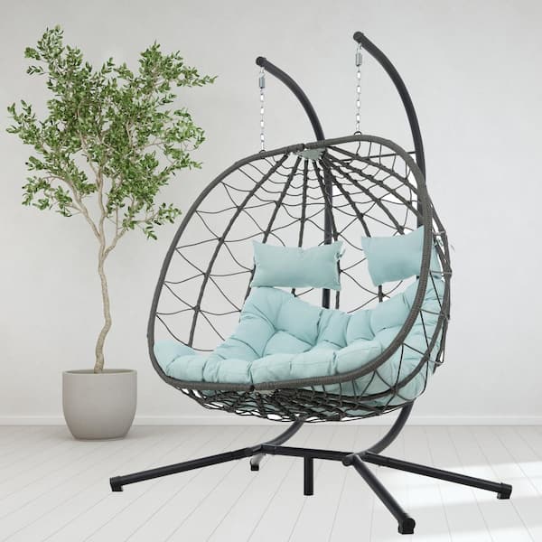 fiziti 2 Person 510 lbs. Gray Large Wicker Double Swing Egg Chair with Stand and Light Blue Cushions