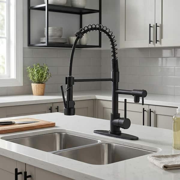 Single Handle Pull Down Sprayer Kitchen Faucet with Brass and 2 Water Modes in Matte Black