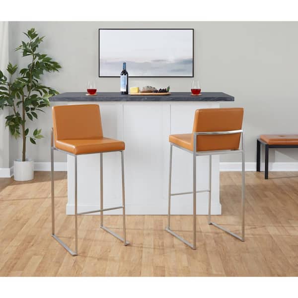 Lumisource Fuji 31 in. Camel Faux Leather and Stainless Steel Metal Fixed-Height Bar Stool (Set of 2)