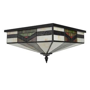 15.7 in. 4-Light Black Vintage Square Flush Mount Ceiling Light with Multicolored Glass Shade and No Bulbs Included