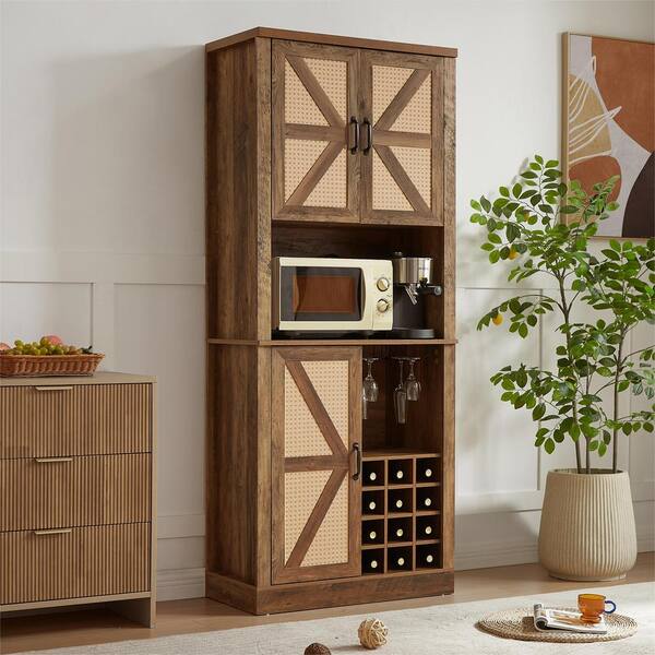 FUNKOL 31.5 in. x 15.7 in. x 76.4 in. Oak Color Wooden Wicker Wine Cabinet w/3 Valley Doors Microwav Shelf & Multiple Wine Rack