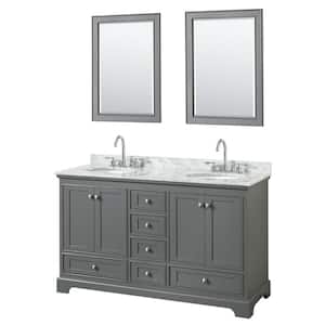 Deborah 60 in. Double Vanity in Dark Gray with Marble Vanity Top in White Carrara with White Basins and 24 in. Mirrors