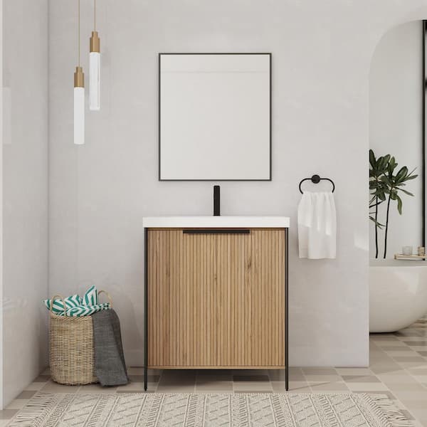 30 in. Freestanding Single Beige Bath Vanity with White Resin Top Unassembled