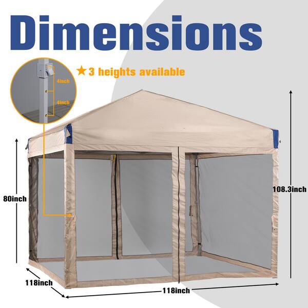 Aoodor 10 ft. x 10 ft. Pop Up Canopy Tent with Removable Mesh Sidewall,with Roller Bag-Brown