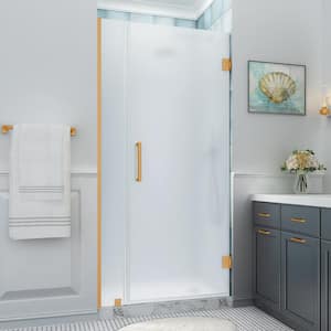 Belmore XL 28.25 - 29.25 in. x 80 in. Frameless Hinged Shower Door with Ultra-Bright Frosted Glass in Brushed Gold