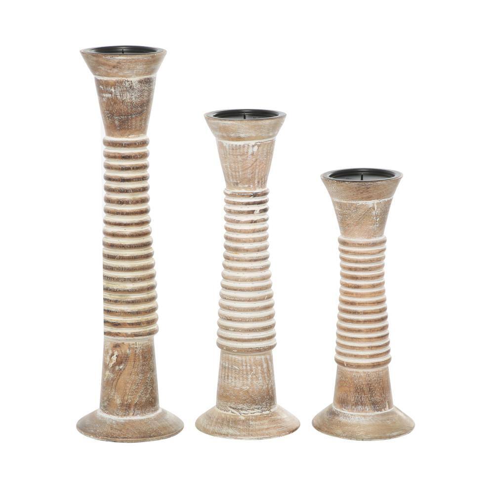 Elegant Rustic Wood Pillar Candlestick Trio, 18" Height