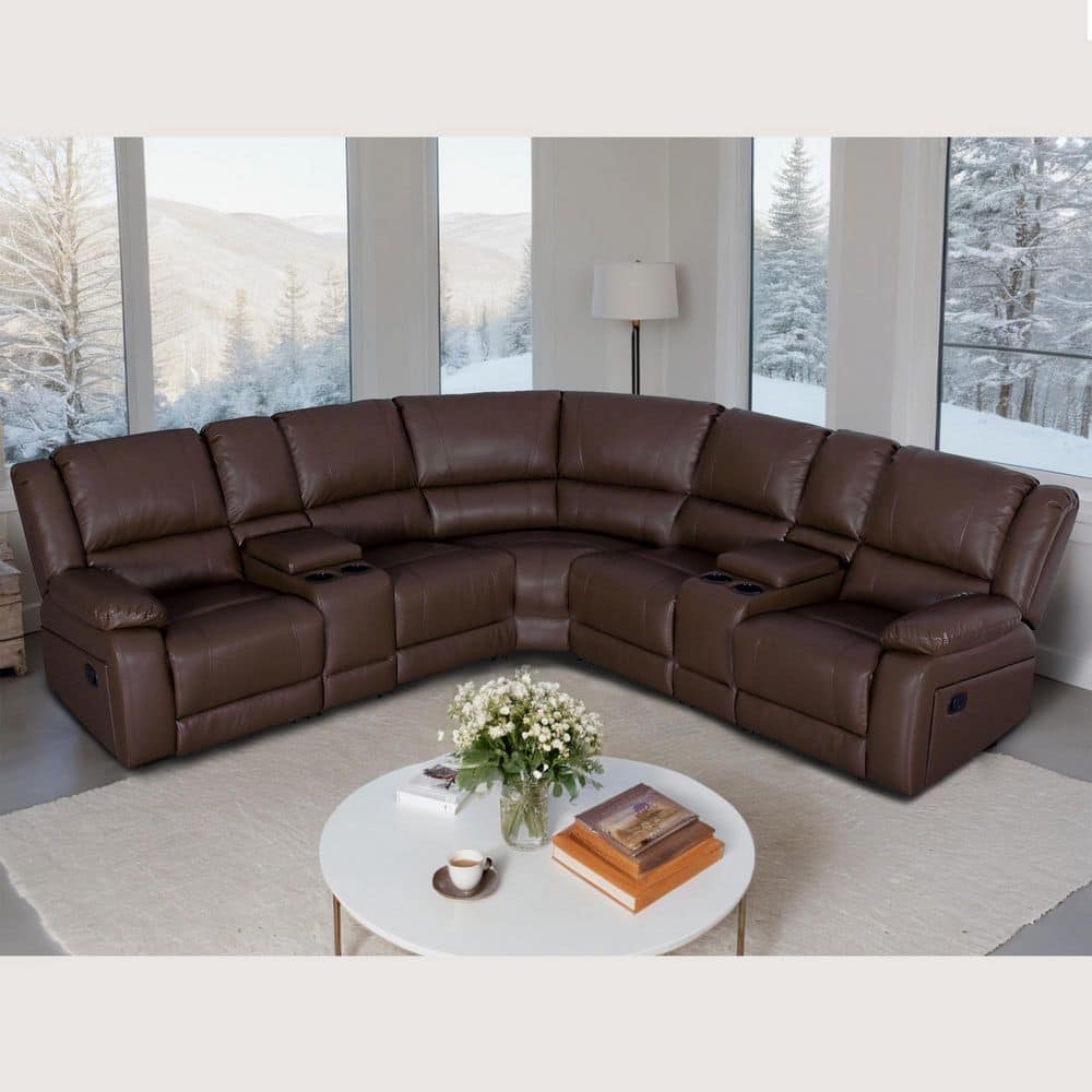 109 in. 7 Pieces Modular Modern Contemporary Faux Leather Manual Recliner Sectional Sofa in. Brown