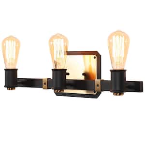 20 in. 3-Light Black Industrial Wall Mount Sconce Light with Modern Gold Metal Accent