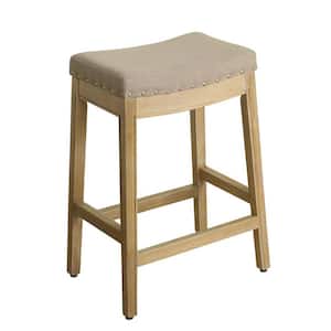 Blake 26 in. Natural Linen Blend with Nailheads Backless Wood Counter Height Barstool
