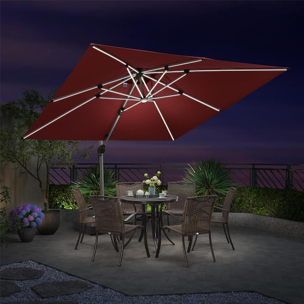 PURPLE LEAF 11 ft. Square Aluminum Solar Powered LED Patio Cantilever Offset Umbrella with Wheels Base, Terra