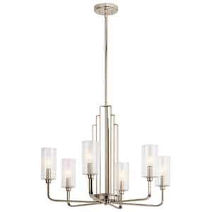 Kimrose 27 in. 6-Lights Polished Nickel and Satin Nickel Art Deco Candlestick Cylinder Chandelier for Dining Room