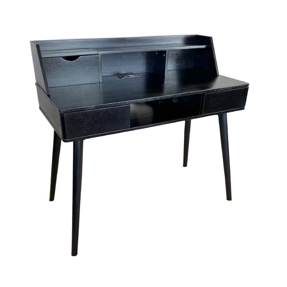 Black Acacia Wood Writing Desk with USB Ports and Drawer