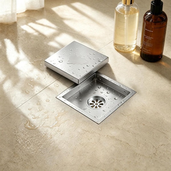 6 in. Square Shower Drain Stainless Steel with Hair Strainer, Fast Drainage in Brushed Nickel