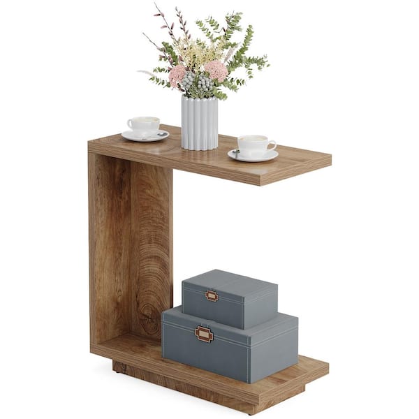 TRIBESIGNS WAY TO ORIGIN Calvin 23.6 in. Brown Narrow Rectangle C-Shaped Sofa Side End Table Sturdy Pedestal Industrial Wood Bedside Nightstand