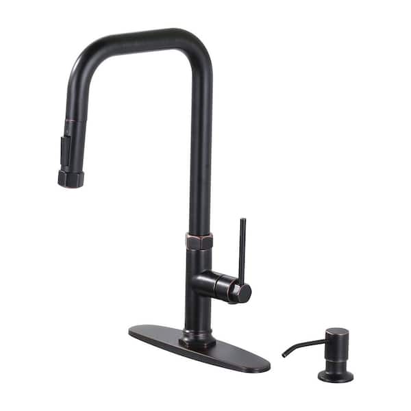 17 in. Single Handle Pull Down Sprayer Kitchen Faucet with 360° 2-Mode Spray and Soap Dispenser in Oil Rubbed Bronze