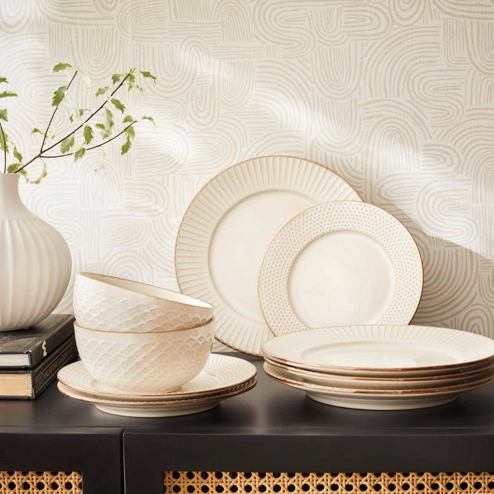 Monroe White Ceramic Embossed 12-Piece Dinnerware Set