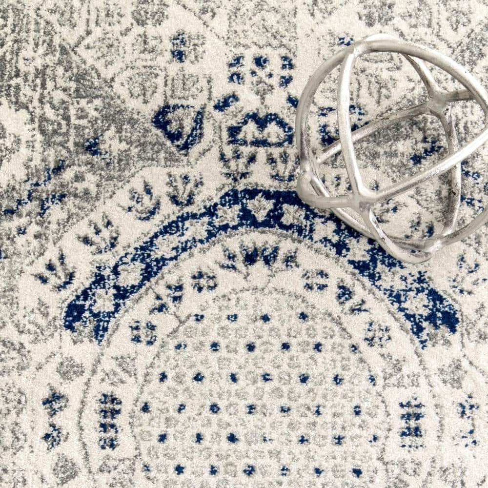 Blue and White Synthetic Vintage Rectangular Area Rug