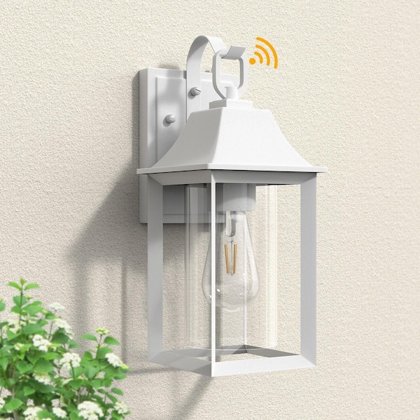 Maxax Decorators 14 in. E26 White Farmhouse Cylinder Dusk to Dawn Outdoor Hardwired Cylinder Glass Sconce