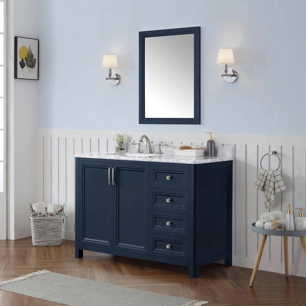 Home Decorators Collection Sandon 48 in. W x 22 in. D x 34.5 in. H Single Sink Bath Vanity in Midnight Blue with Carrara Marble Top