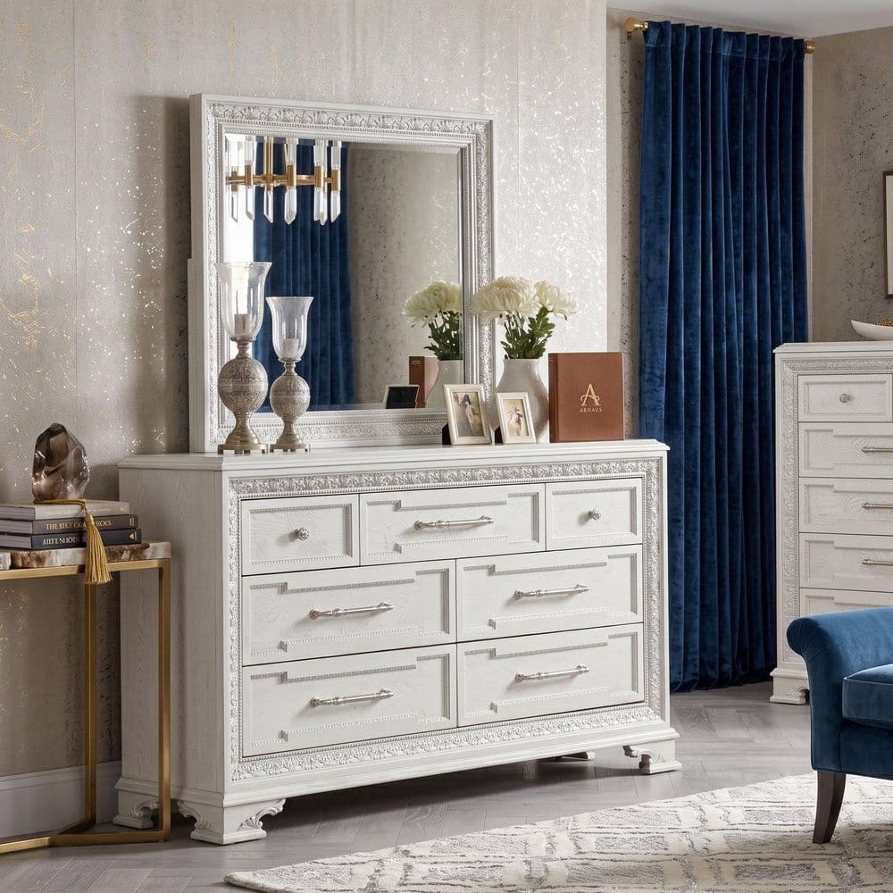Nab Traditional Creamy White 7-Drawer 66.5 in. Dresser And Mirror with Jewel Tray