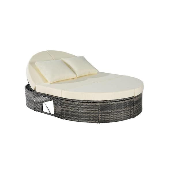 Sudzendf 2 Person Composite Outdoor Day Bed with Beige Cushions and Pillows