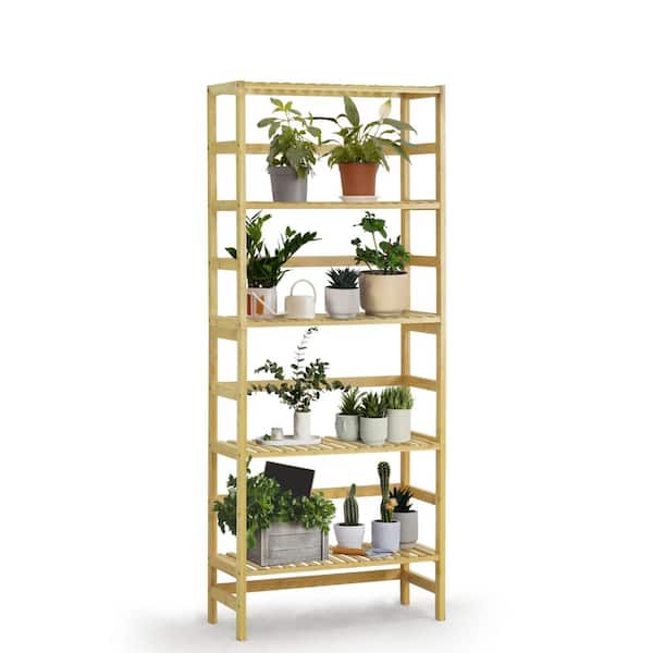 CAPHAUS 57.6 in. Tall Natural Bamboo 5-Shelf Free Standing Bookcase with Open Storage