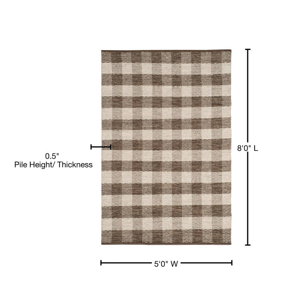 Light Grey and Brown Handmade Wool Checkered Area Rug, 5' x 8'