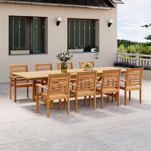 Adang 9-Piece Teak Finish Wood 100% FSC Rectangular Patio Dining Set