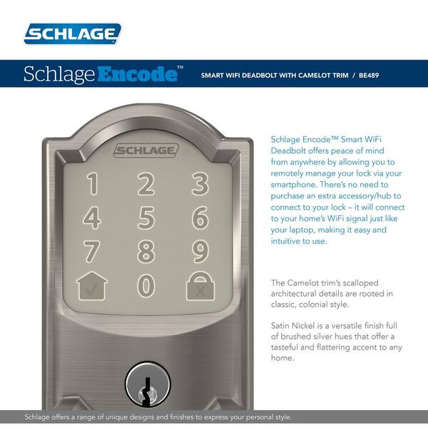 Schlage - Camelot Satin Nickel Electronic Encode Smart WiFi Deadbolt with Alarm